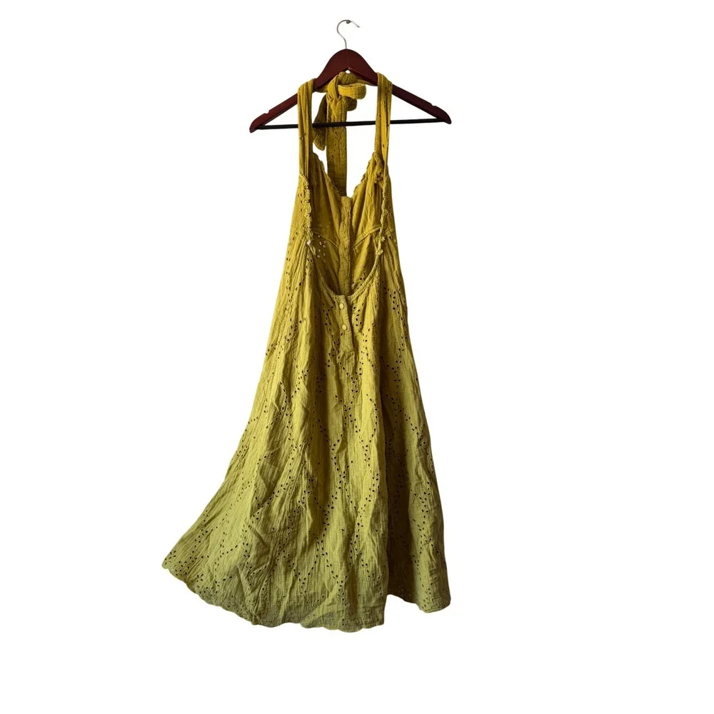 Free People Green Eyelet Lace Halter Midi Dress Button Front Boho size small